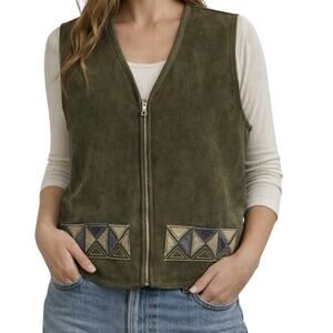 Monterey Olive Green Faux Suede Vest Petite Medium Boho Zip Front Embroidered
